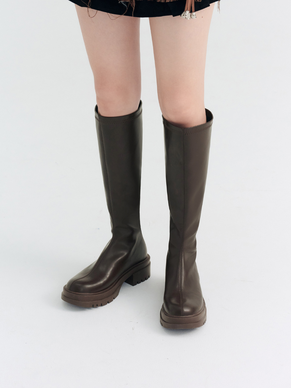 韓團指標.百搭素面厚底瘦瘦長靴 復古咖