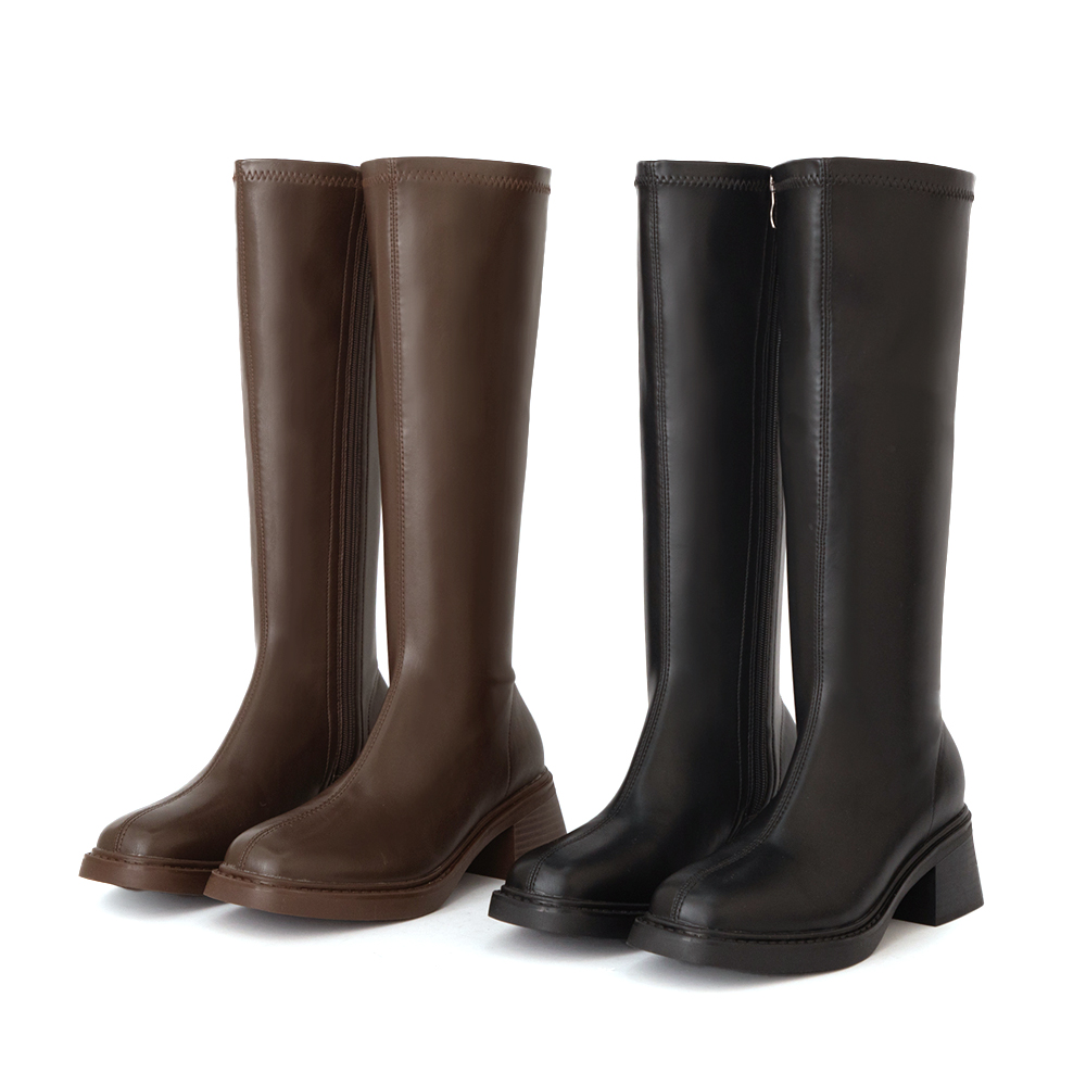 黃金比例方頭木紋跟瘦瘦長靴 咖啡色