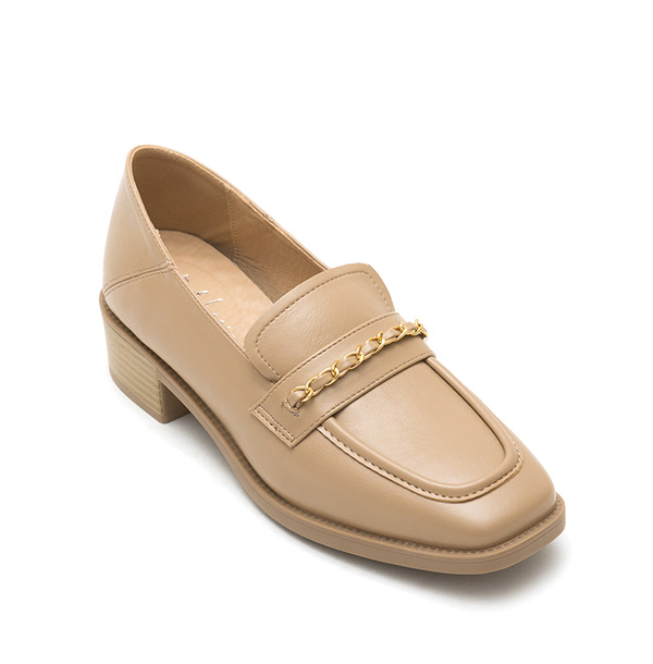 Metal Chain Square-Toe Loafers Beige