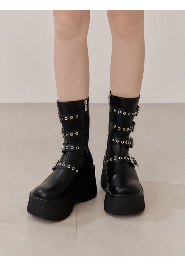 Multi-Buckle Platform Ankle Boots Black