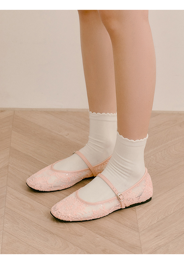 仙女閃光蕾絲網紗平底瑪莉珍鞋 粉