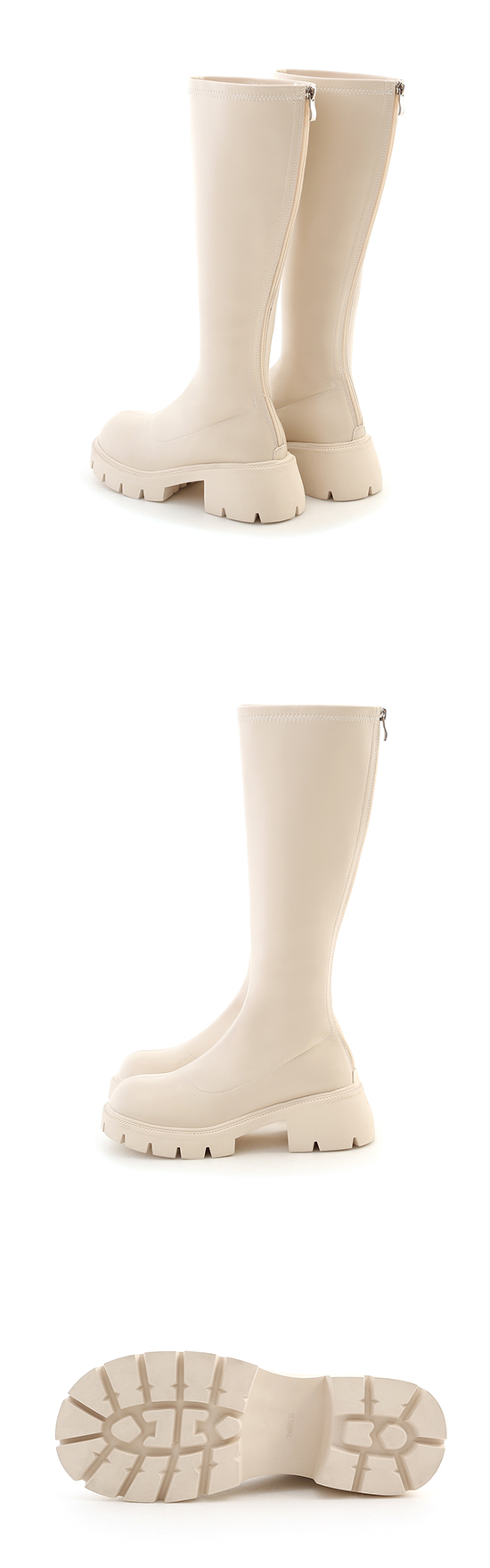 Round Toe Chunky Sole High Heeled Slimming Boots Vanilla