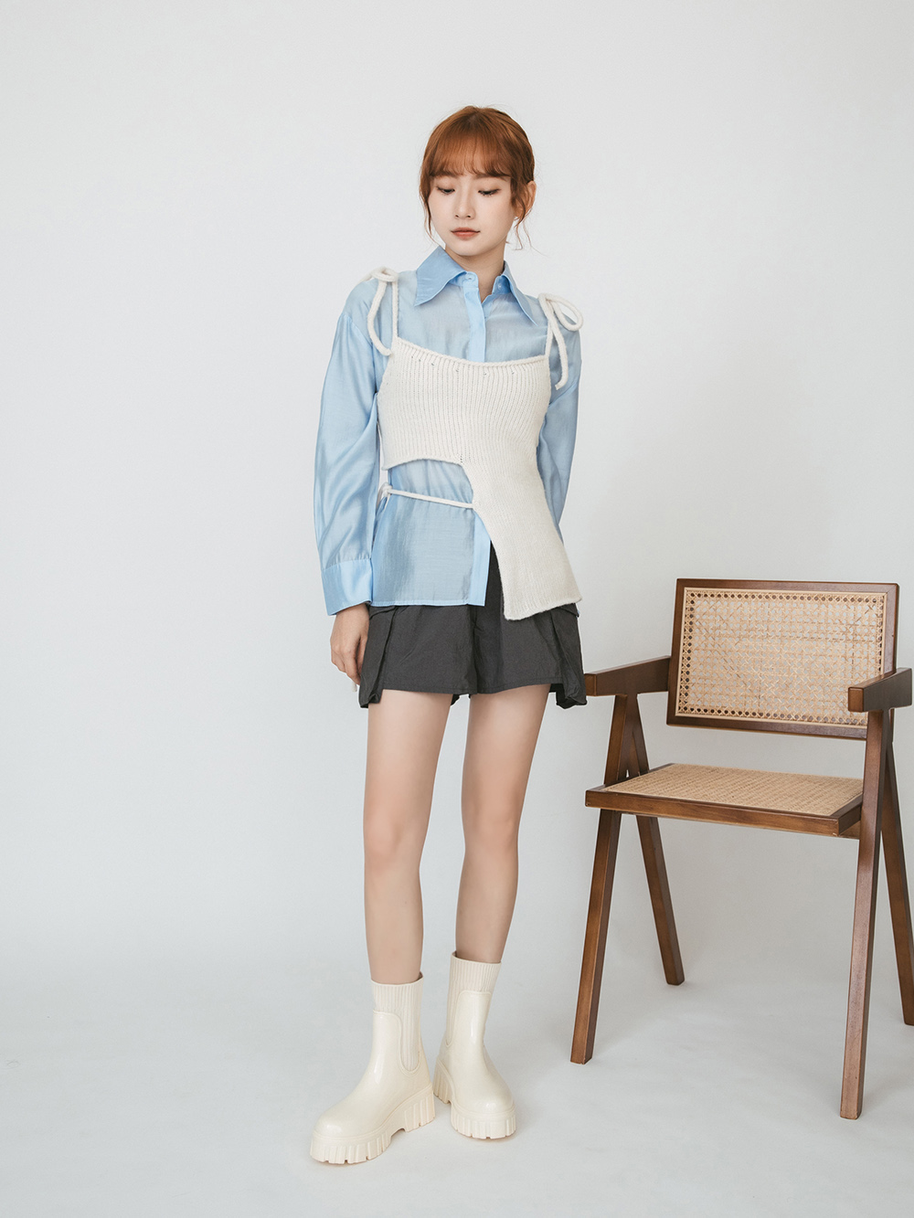 潮人時尚．鋸齒底針織拼接短筒雨靴 香草米