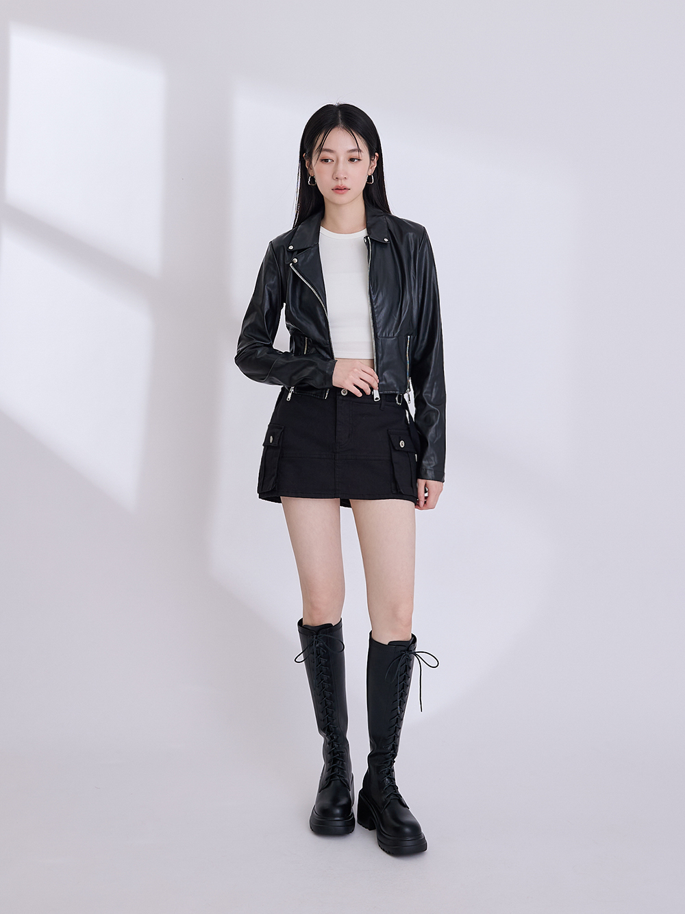 女團風輕量厚底綁帶長靴 黑色