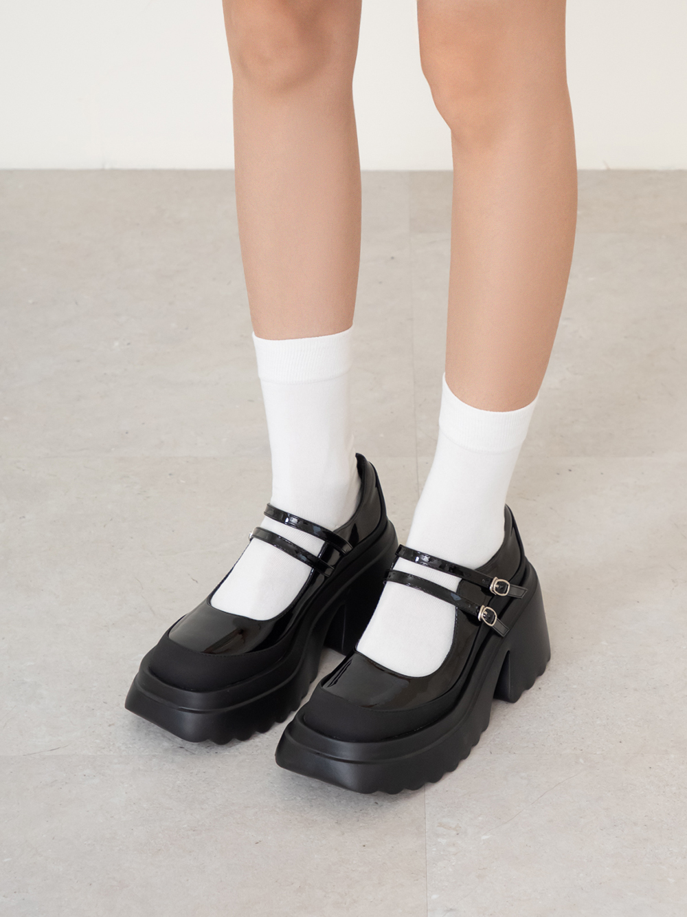 甜酷爆擊雙帶厚底瑪莉珍鞋 黑色