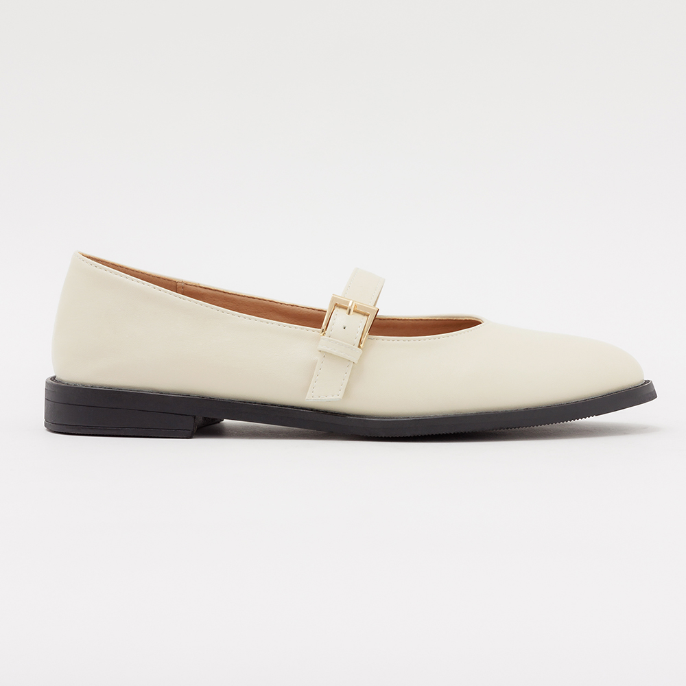 Microfiber Pointed Toe Flat Mary Jane Shoes Ivory