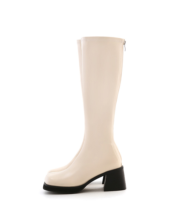 Round Toe Block Heel Slimming Boots Vanilla