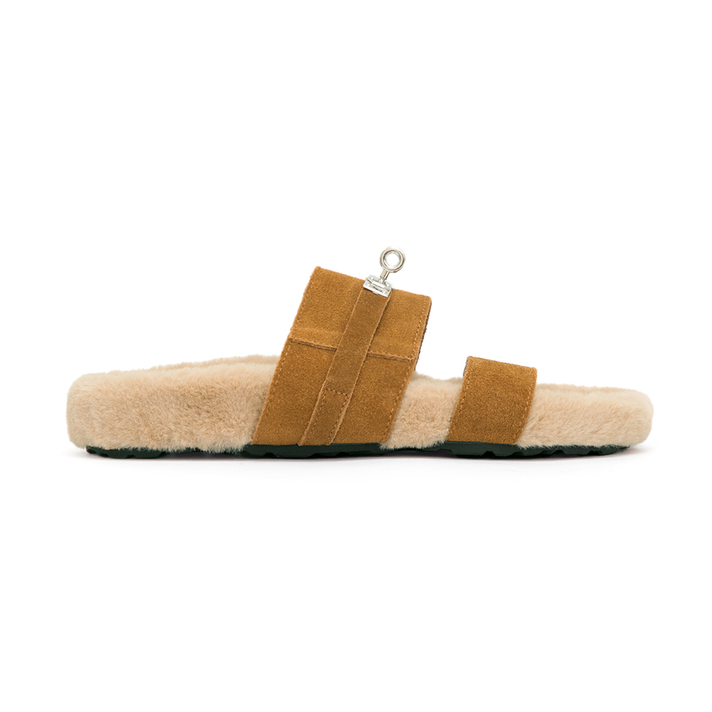 質感金屬鎖釦真皮毛毛拖鞋 棕色