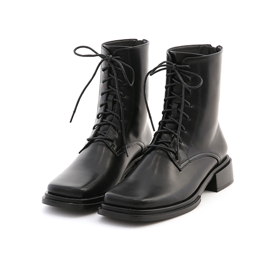 Square Toe Mid-Heel Lace Up Boots Black