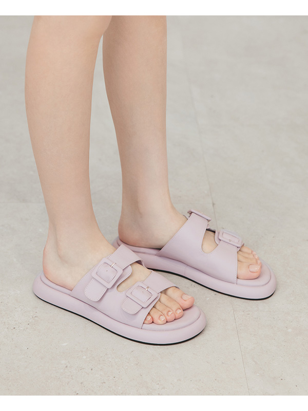 Pastel Square Buckle Cute Flat Sandals Lavender