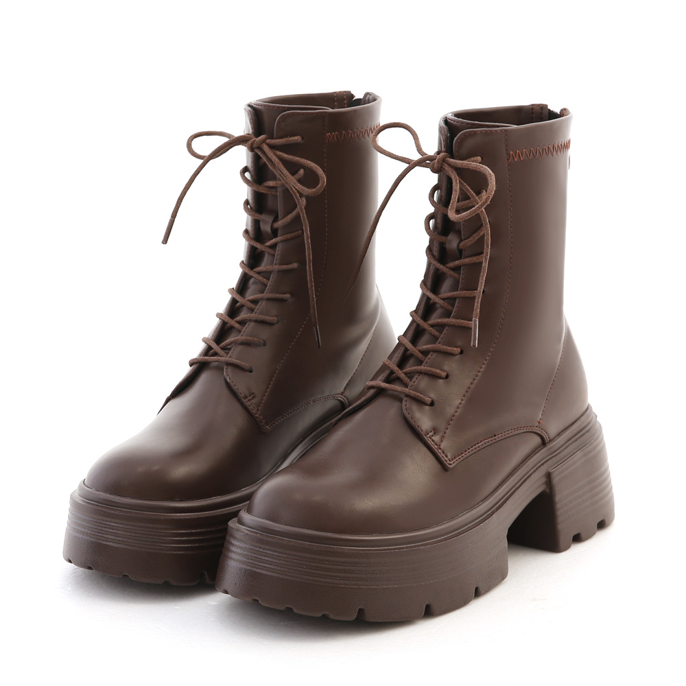 Round Toe Chunky Platform Lace-Up Boots Dark Brown