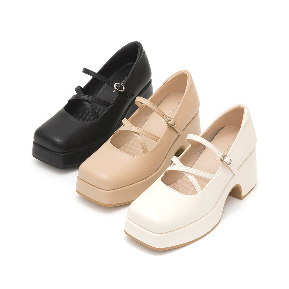 Square-Toe Cross-Strap Mary Jane Shoes Beige