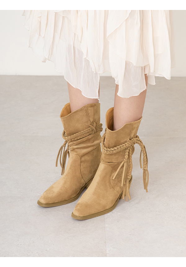 吉普賽流蘇小V口牛仔短靴 杏色