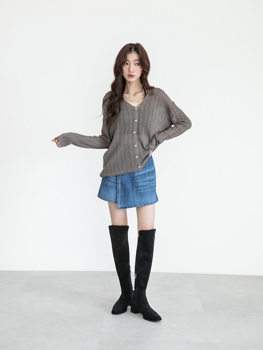 百變主題顯瘦拼接膝上長靴 絨黑色