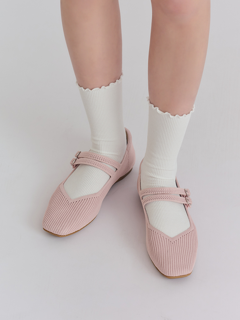 【3D零感雲織鞋】雙帶方頭瑪莉珍鞋 裸膚粉