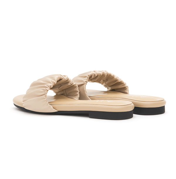 Satin Ruched Details  Flat Slides Beige