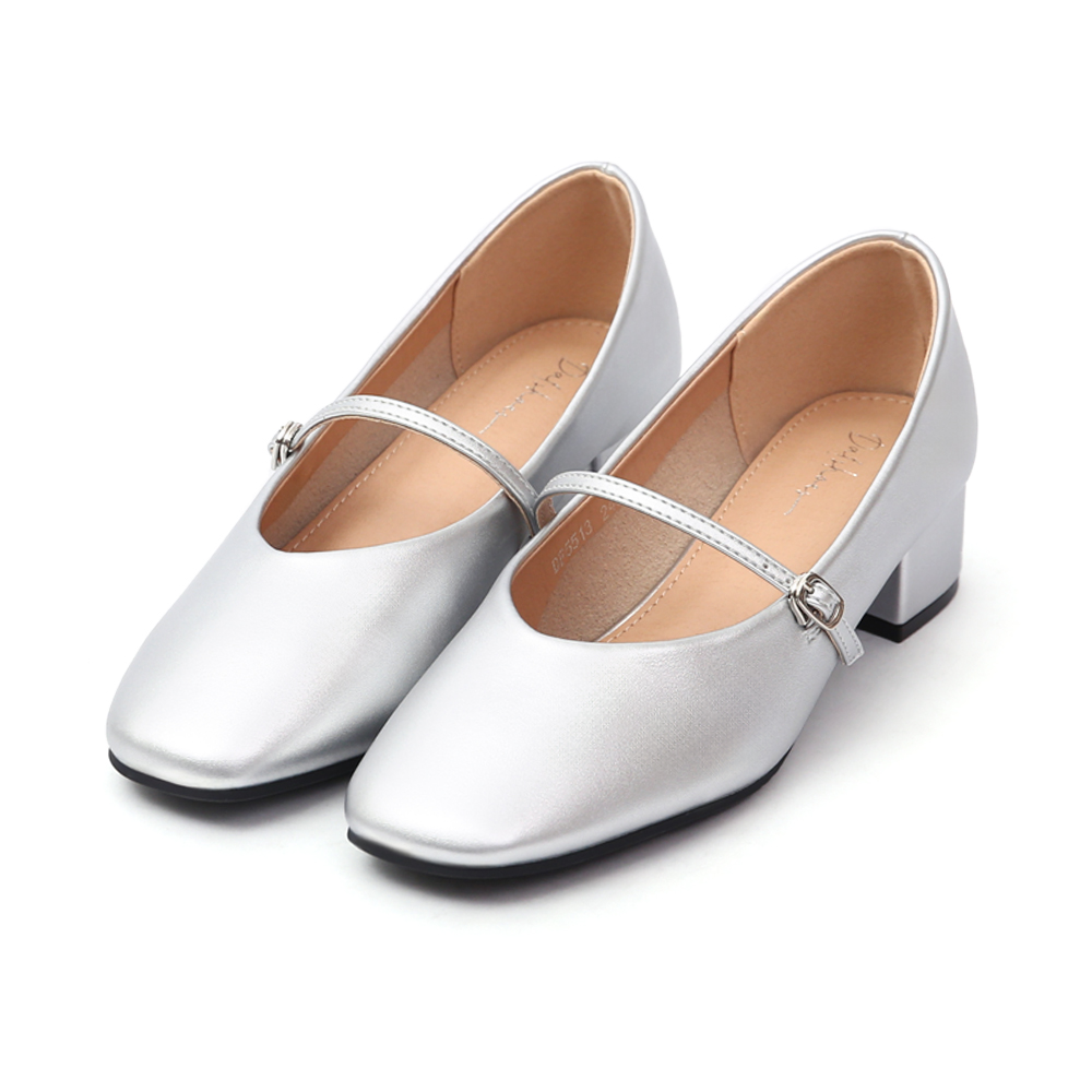 Elegant V-Cut Low Heel Mary Jane Shoes Silver
