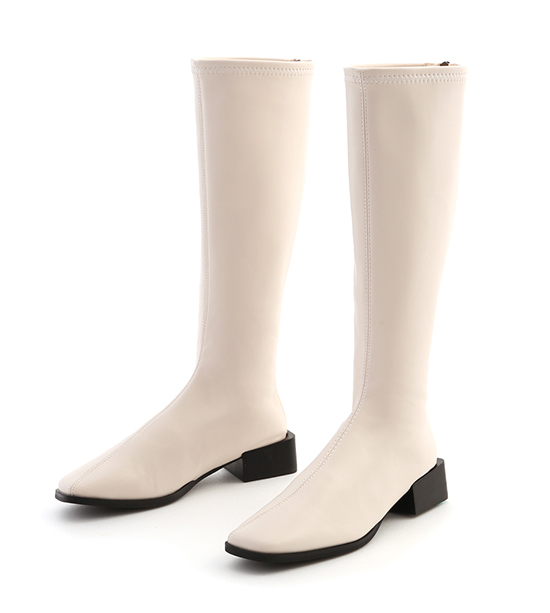 Square Toe Mid Heel Tall Boots French Vanilla White
