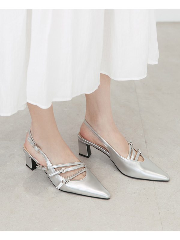 Three-Strap Pointed-Toe Slingback Heels Silver