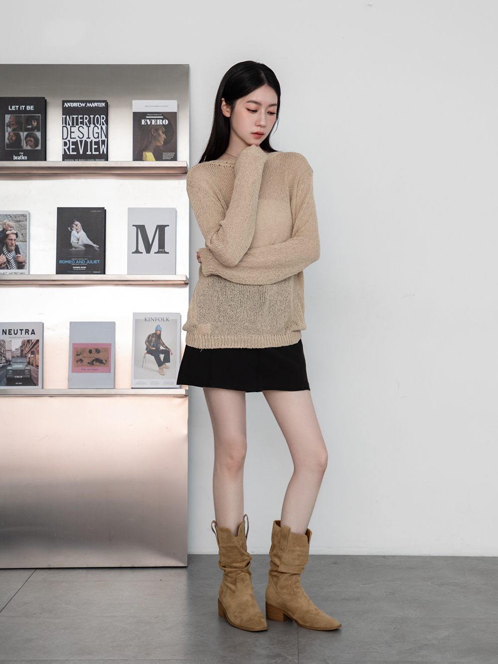 美拉德V口內增高西部堆堆靴 杏色