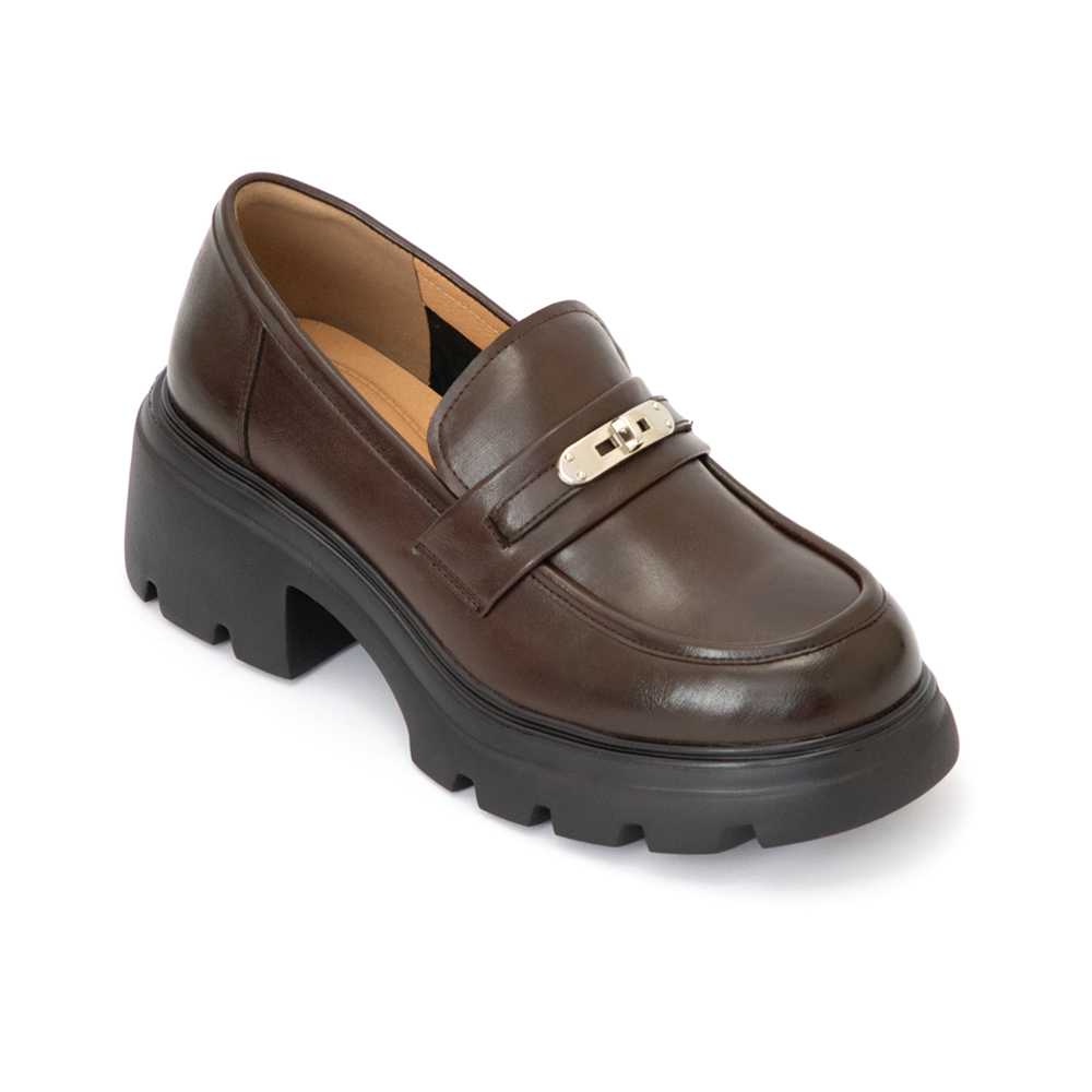 【真皮系列】金屬鎖釦輕量底樂福鞋 棕色