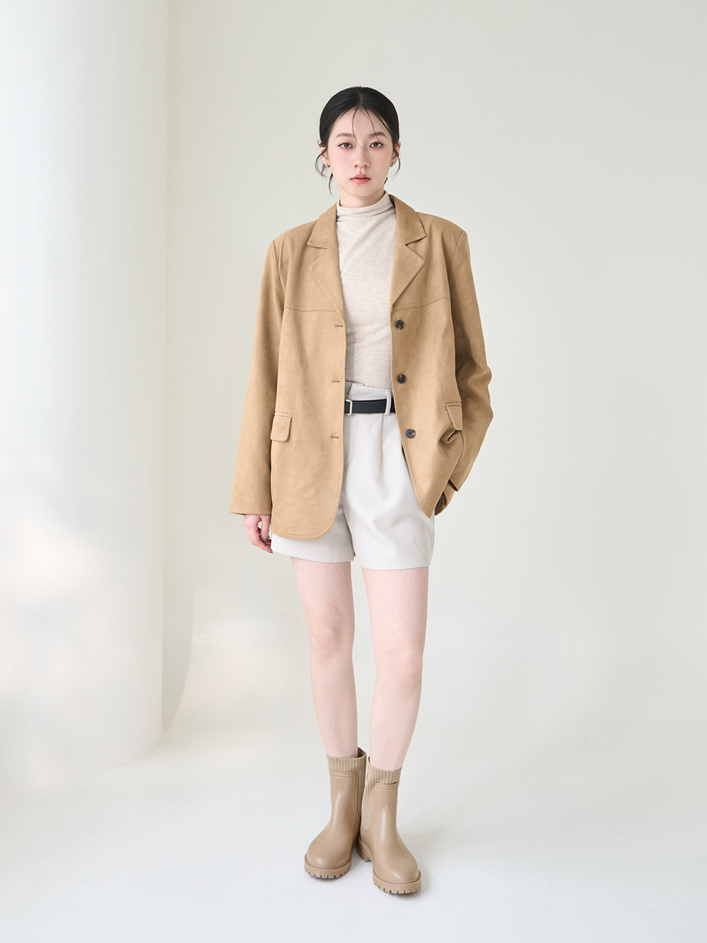 【機能鞋墊】針織拼接切爾西短筒雨靴 杏色