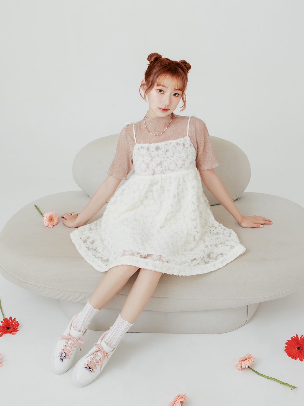 【Disney】牡蠣寶寶雙色鞋帶小白鞋 草莓粉