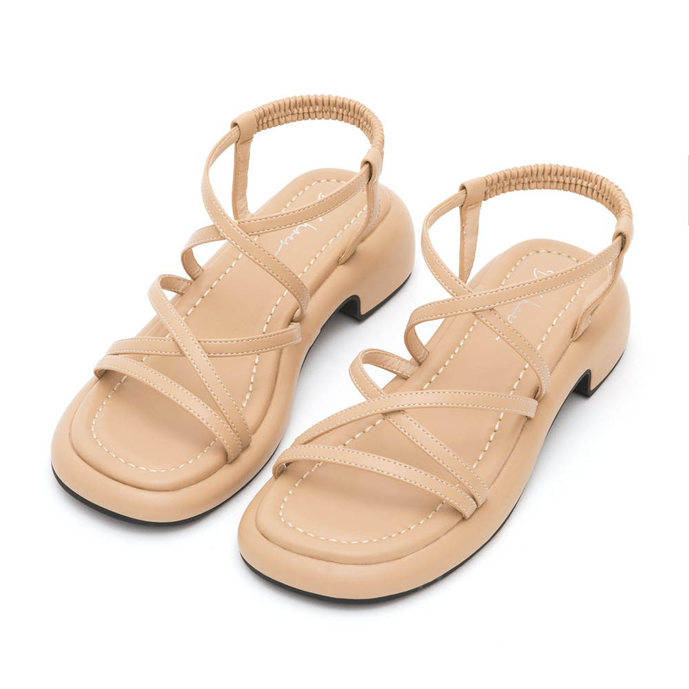 Cross-Strap Low-Heeled Sandals Beige