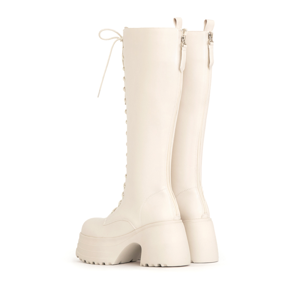 舞力全開增高加厚底綁帶長靴 米白色