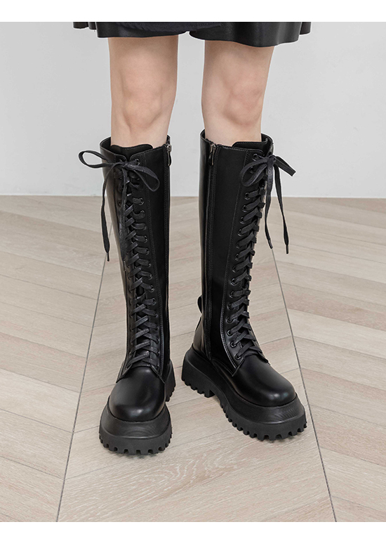 Chunky Sole Lace-Up Knee-High Martin Boots Black