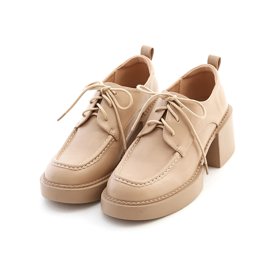 Lace-up Thick Sole High-Heel Derby Shoes Beige