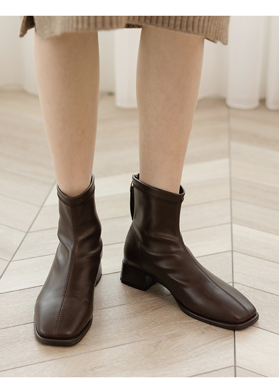 Square Toe Low Heel Sock Boots Dark Brown