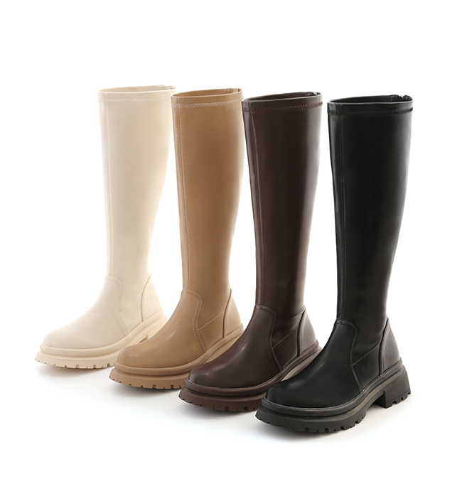 Plain Thick Sole Slimming Tall-Boots Vanilla