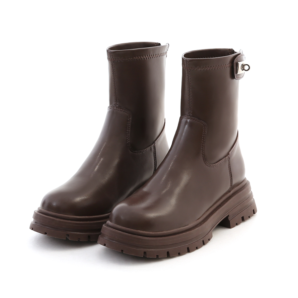 Round Toe Buckle Design Chunky Sole Short Boots Dark Brown