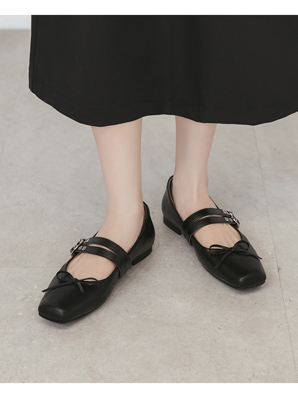 Punk Metal Double Buckle Ballet Flats Black