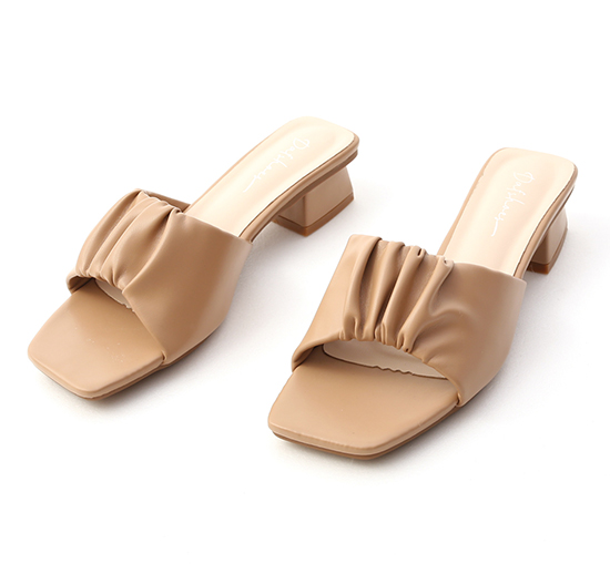 Ruched Detail Wide Strap Low Heel Sandals Beige