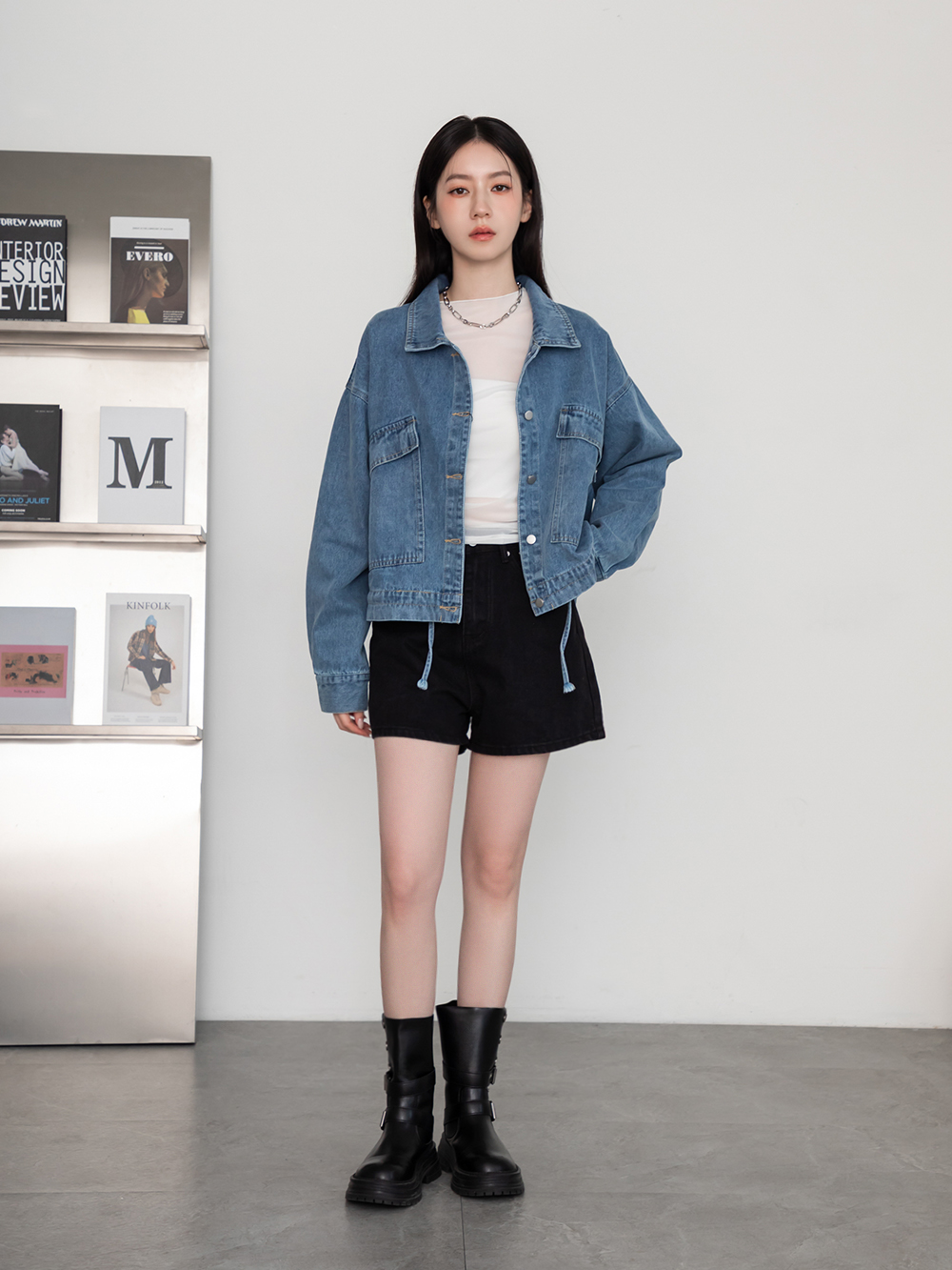 復古騎士釦環排釦機車短靴 黑色