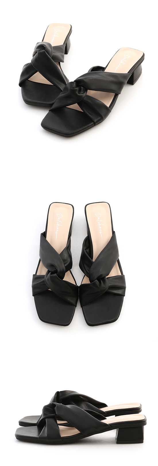 Knotted Square Toe Low Heel Sandals Black