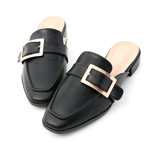 Elegant Square Ring Low Heel Mules Black
