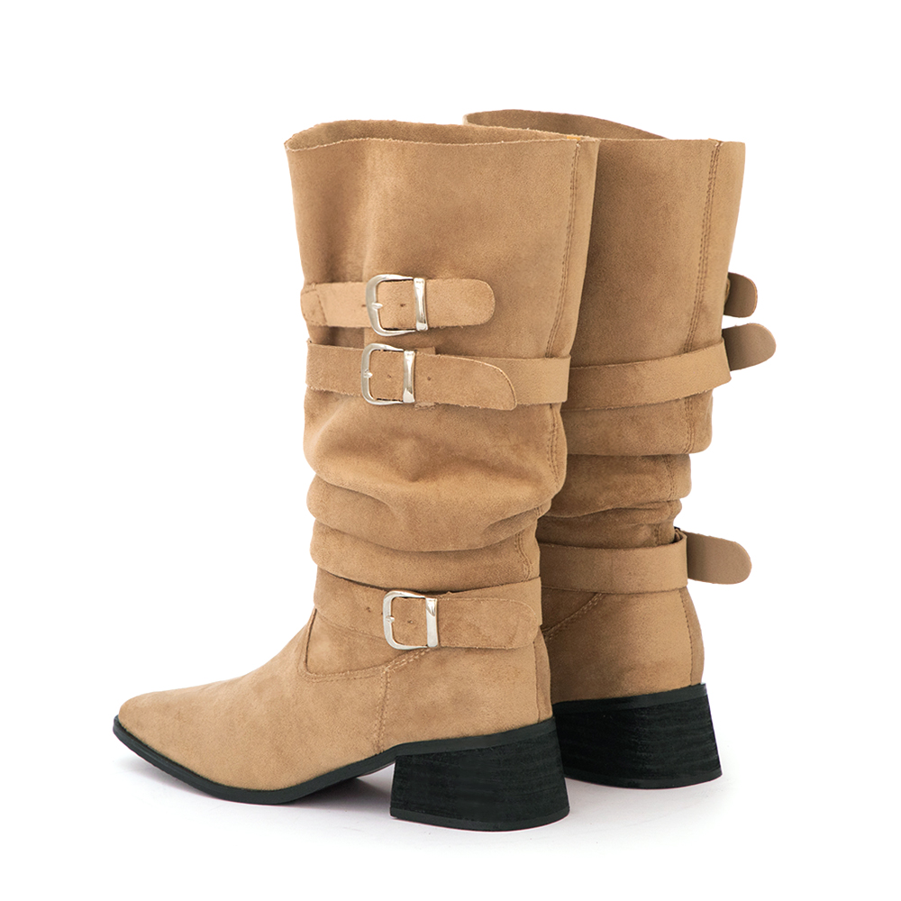 全場焦點絨面釦環尖頭中筒靴 卡其色