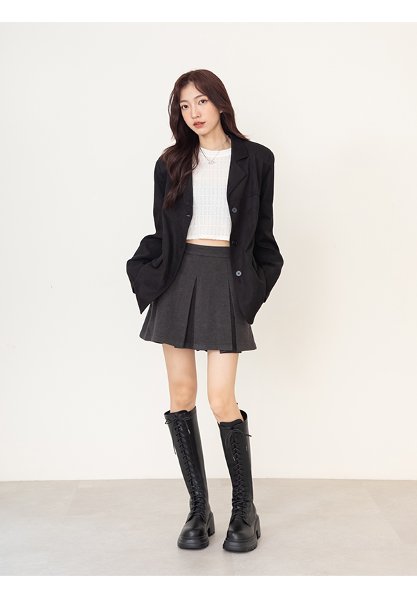 女團風輕量厚底綁帶長靴 黑色