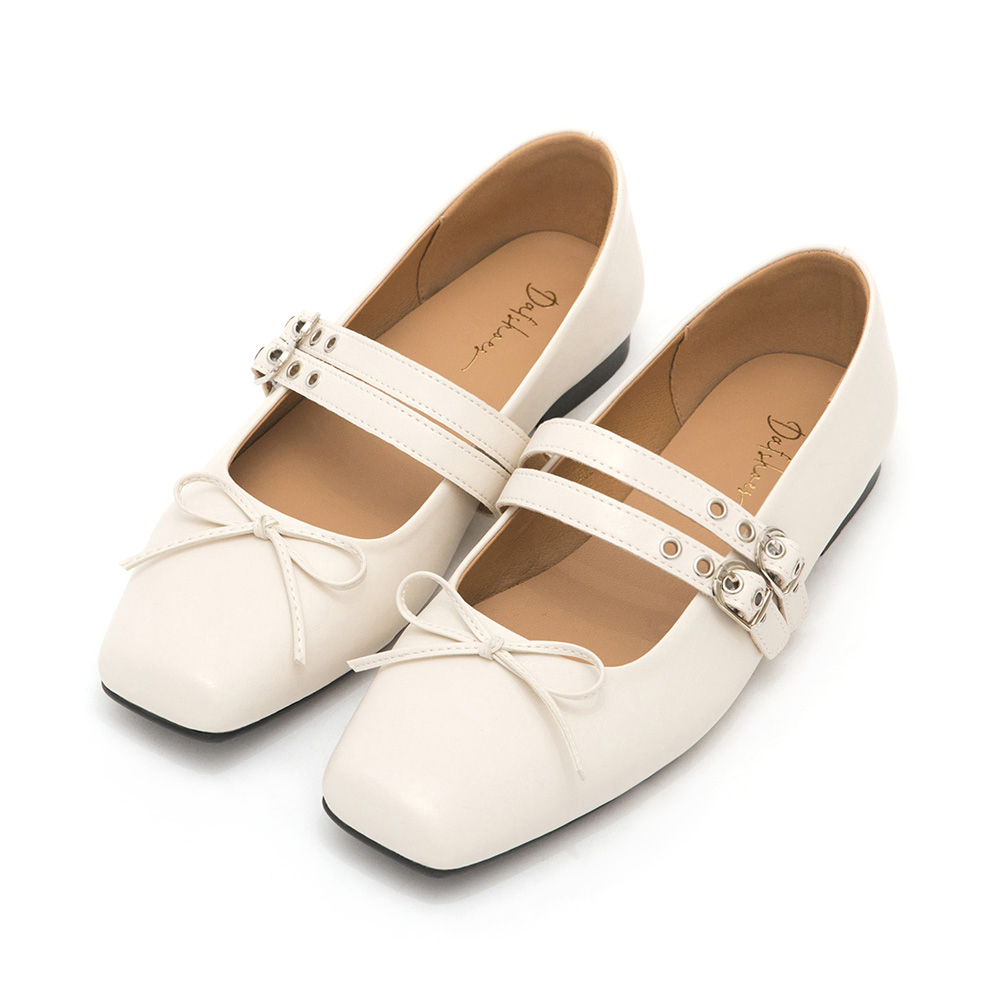 Punk Metal Double Buckle Ballet Flats White