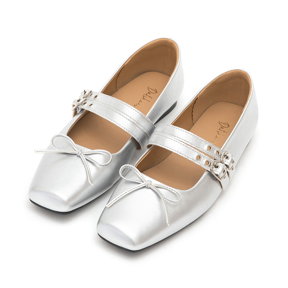 Punk Metal Double Buckle Ballet Flats Silver