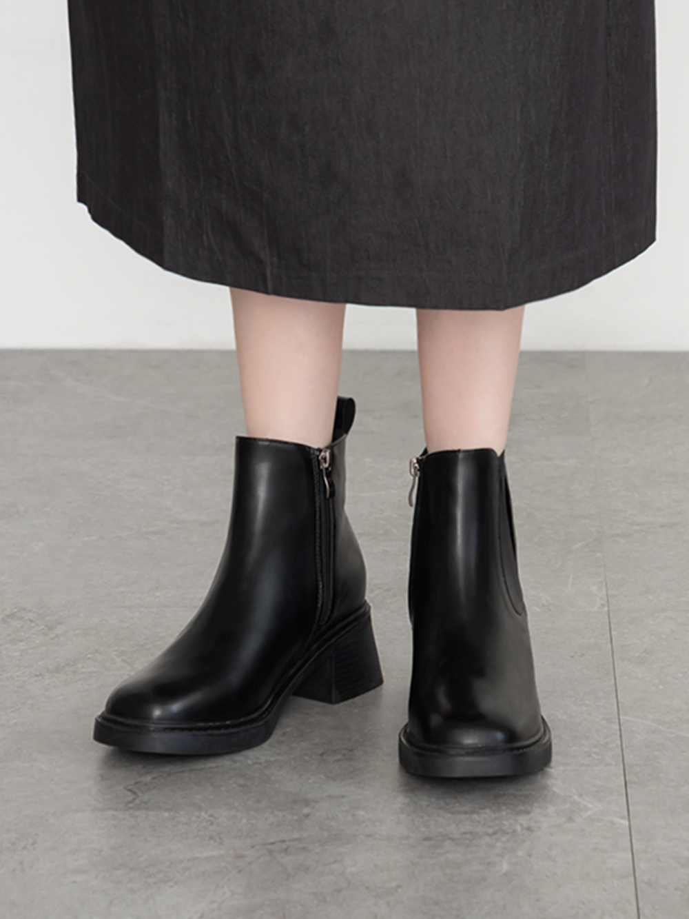 時髦指標方頭木紋跟切爾西短靴 黑