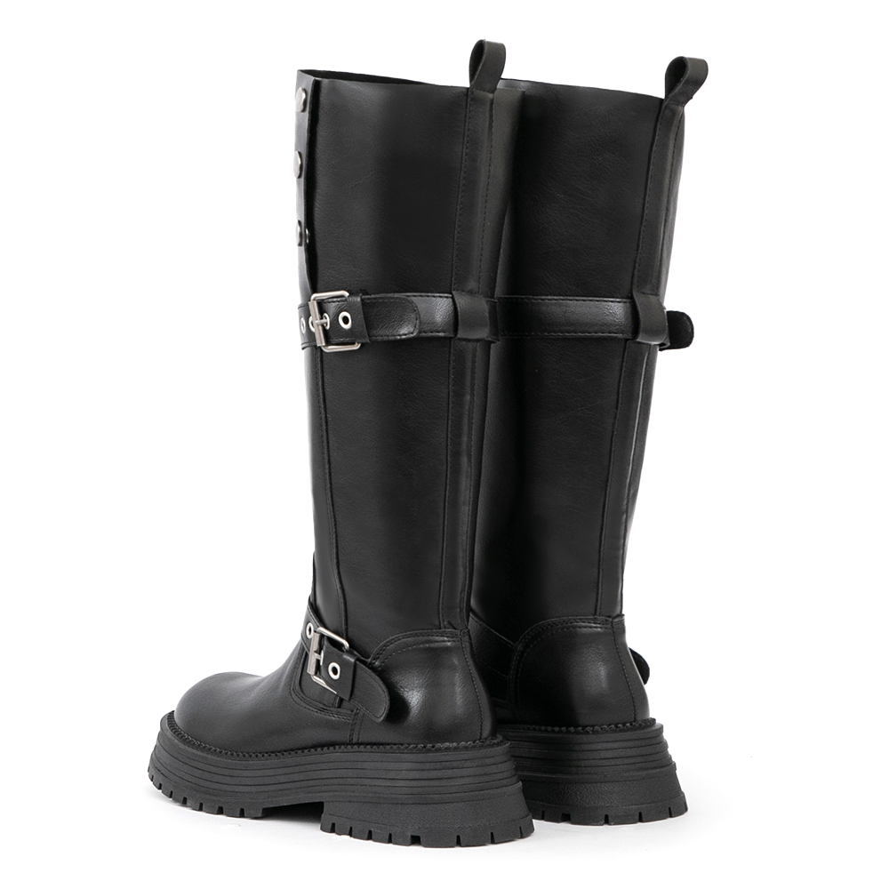 復古騎士釦環排釦機車長靴 黑色
