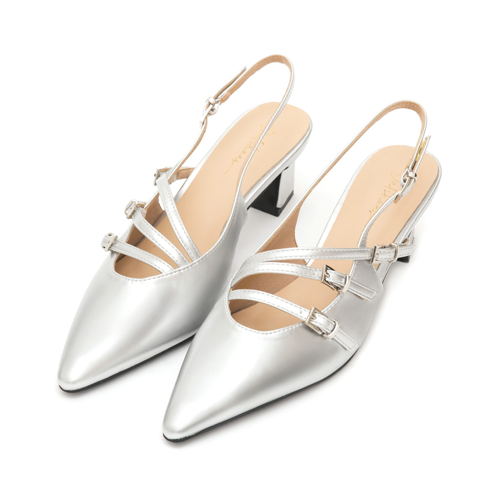 Three-Strap Pointed-Toe Slingback Heels Silver