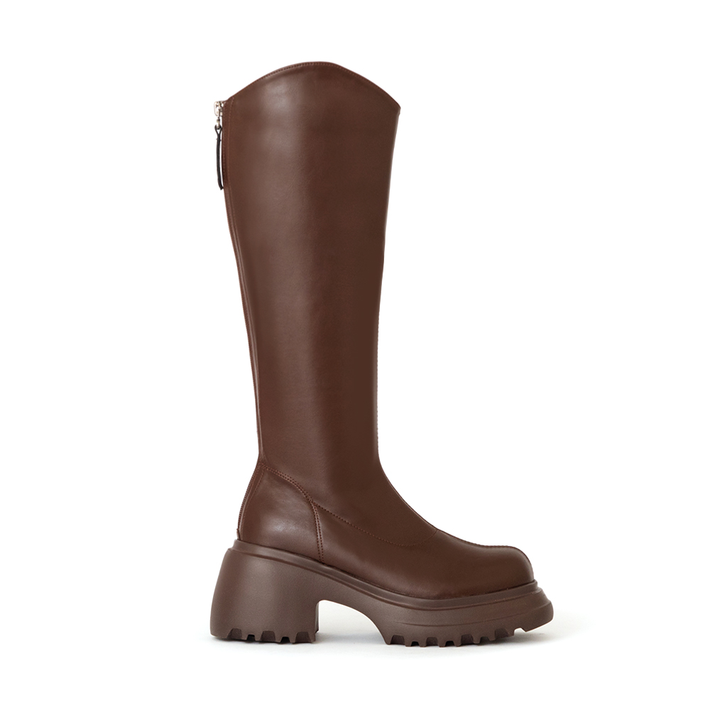 美圖V口輕量厚底瘦瘦長靴 復古咖