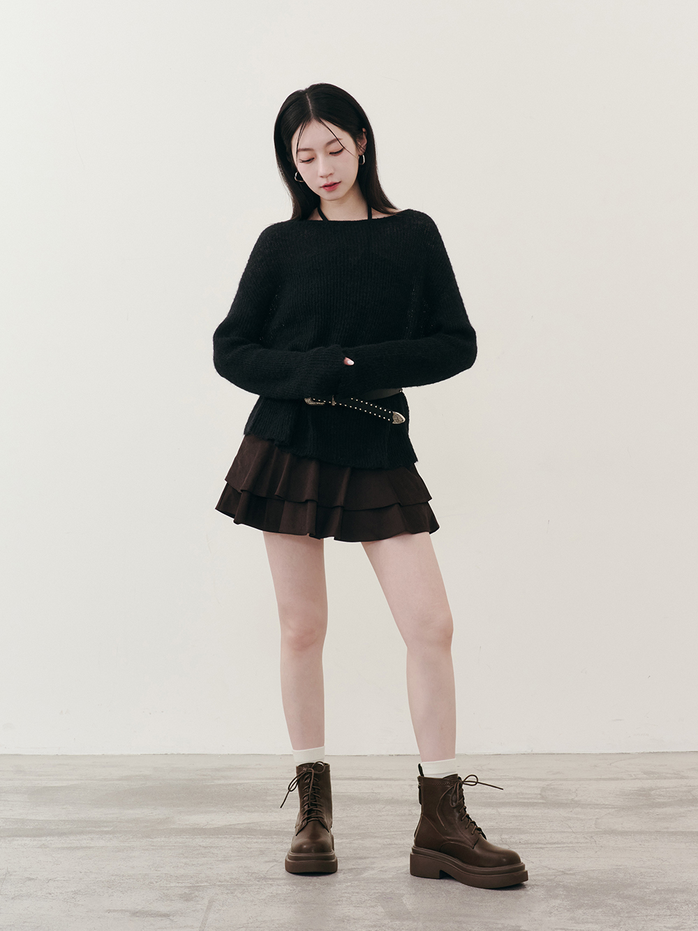 偶像學園輕量厚底綁帶短靴 咖啡色