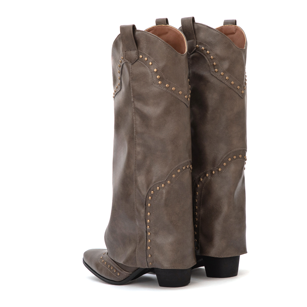 星光鉚釘V口復古西部褲管靴 摩卡棕