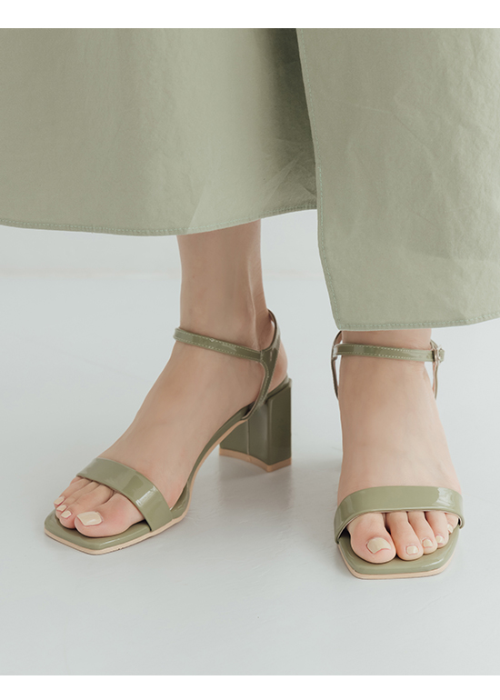 Faux Patent Block Heel Sandals Olive Green